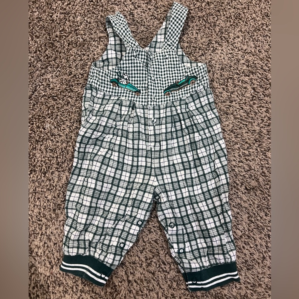 Vintage 90s Green and White Plaid Kids Overalls with Classic Car Dog Patches